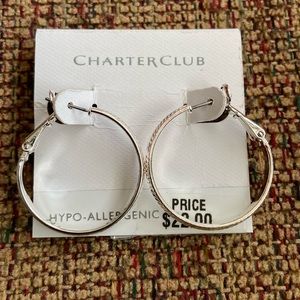 NWT Charter Club Silver Tone Medium Chevron Omega Hoop Earrings Hypoallergenic